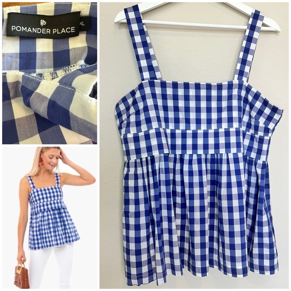 Pomander Place Patti Blue White Gingham button slit back Empire Waist Tank